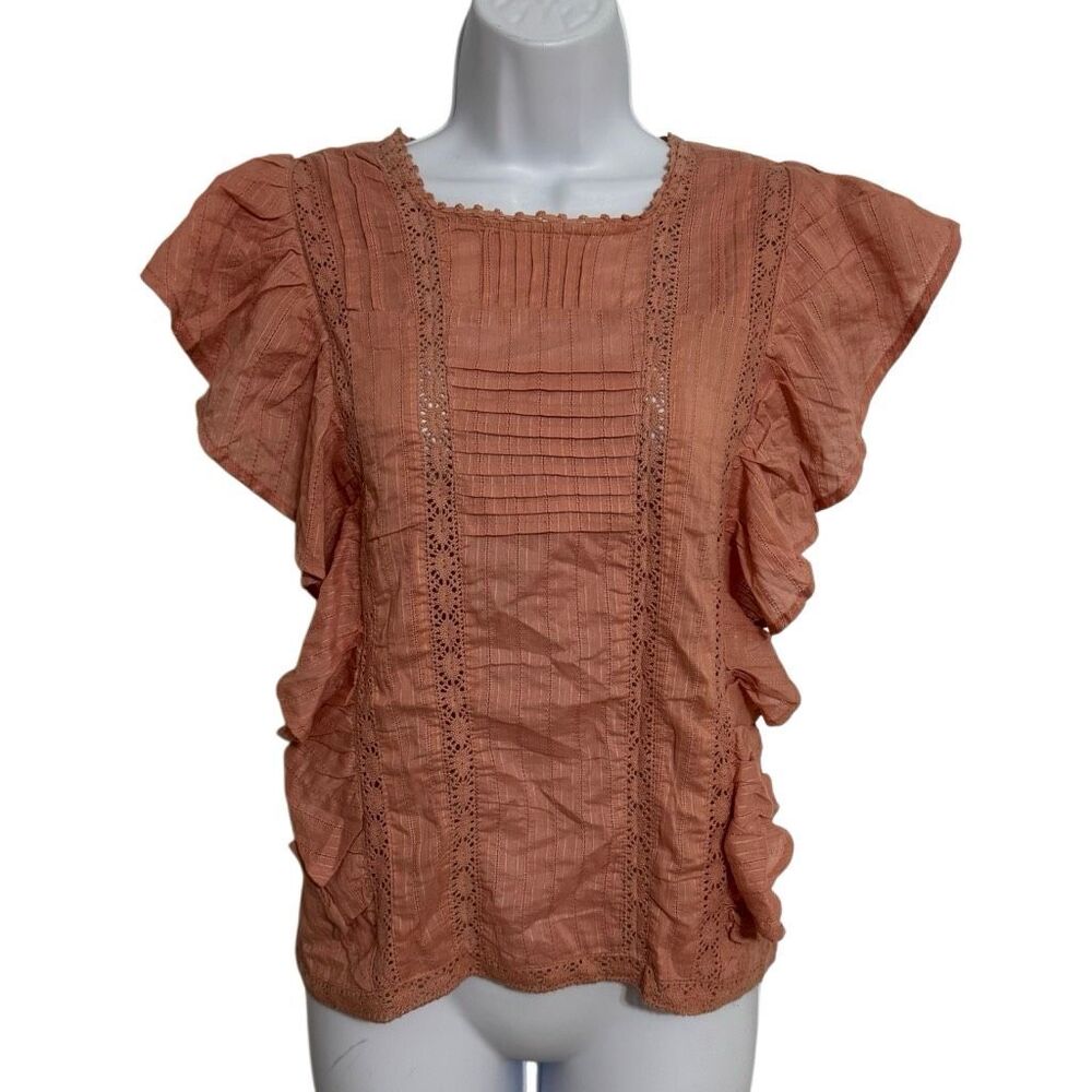 Keep In Touch 100% Cotton Terracotta Pintuck Lace Flutter Sleeve Boho Blouse XL